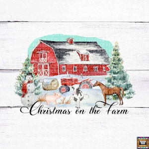 Op de afbeelding: Een rode schuur met een wit dak en sneeuw op de grond. Er staat een sneeuwpop, een varken, een koe, een paard, een tractor en een hooibaal voor de schuur. De tekst "Christmas on the Farm" staat onder de schuur.