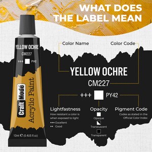 May include: A tube of yellow ochre acrylic paint by Craft Mode. The label shows the color name, code, pigment code, lightfastness, and opacity. The tube is 12ml (0.4 US fl.oz).