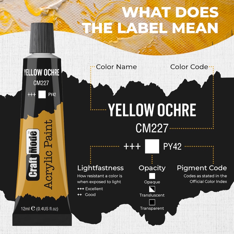 May include: A tube of yellow ochre acrylic paint by Craft Mode. The label shows the color name, code, pigment code, lightfastness, and opacity. The tube is 12ml (0.4 US fl.oz).