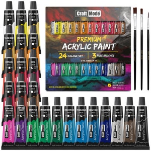 May include: A set of 24 acrylic paints in tubes, with 3 free brushes. The paint tubes are arranged in rows, with each tube labeled with the color name and a code. The paint set is labeled "Craft Mode Premium Acrylic Paint".