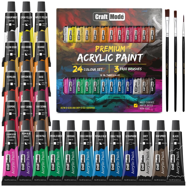 May include: A set of 24 acrylic paints in tubes, with 3 free brushes. The paint tubes are arranged in rows, with each tube labeled with the color name and a code. The paint set is labeled "Craft Mode Premium Acrylic Paint".