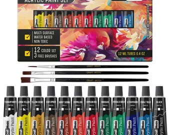 Craft Mode Acrylic paint set 12 12ml Perfect for Canvas, Wood, Ceramic, Rock, Fabric & Crafts. Non-Toxic, Quick Dry Vibrant Colours. Rich