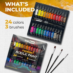 May include: A set of 24 acrylic paints in tubes, with 3 paintbrushes. The paint tubes are arranged in a black tray, and the brushes are laid out on a white surface. The paint tubes are labeled with the color name and "Craft Mode Premium Acrylic Paint".