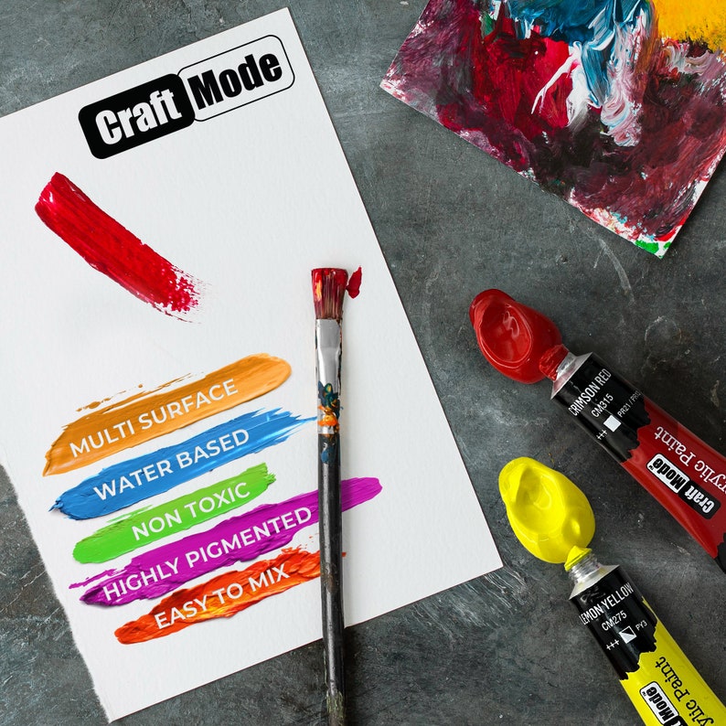 May include: A white sheet of paper with the words "Craft Mode" at the top. The paper has five colored stripes with the words "Multi Surface", "Water Based", "Non Toxic", "Highly Pigmented", and "Easy to Mix" written on them. There are two tubes of paint, one red and one yellow, with the words "Craft Mode" on them.