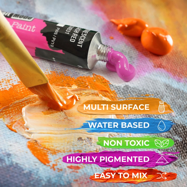 Pu&ograve; includere: Un tubo di vernice magenta iridescente con le parole "Paint", "Iridescent", "Peach Red", "M831" e "PW6/PV19" stampate sul tubo. La vernice viene spremuta su una tela con un pennello. Il testo "MULTI SURFACE", "WATER BASED", "NON TOXIC", "HIGHLY PIGMENTED" e "EASY TO MIX" &egrave; stampato sulla tela.