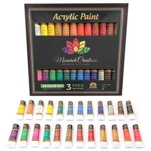 May include: A set of 24 acrylic paints in a black box with a gold label. The label says "Acrylic Paint" and "Monarch Creations, Emperor of Colors". The set includes 3 free brushes. Each paint tube is 12 ml or 0.4 US fl. oz.