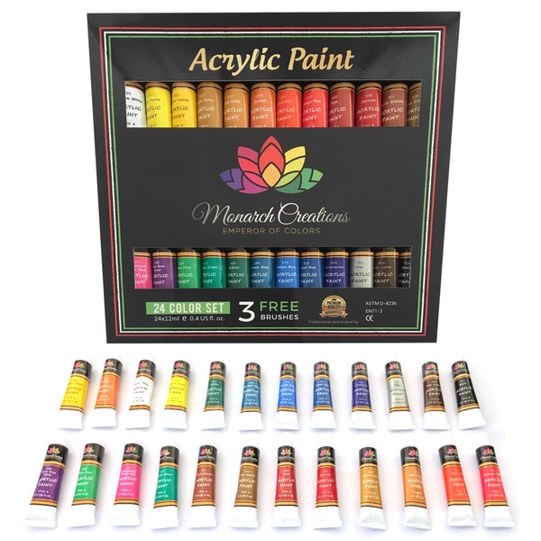 Acrylic Paint Set 24x12ml for Artists.Perfect for Canvas,Wood,Ceramic,Fabric & Crafts.Non-Toxic  Vibrant Colors.Rich Pigments.