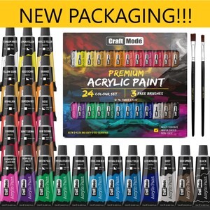 May include: A set of 24 acrylic paints in tubes, with 3 free brushes. The paint colors include titanium white, lemon yellow, Naples yellow, yellow ochre, bold ochre, orange, vermilion, crimson red, rose, carmine, burnt sienna, raw sienna, fluorescent peach red, periwinkle blue violet, green pale, emerald green, viridian, cerulean blue, phthalocyanine blue, cobalt blue, ultramarine, grey, raw umber, and black. The paint tubes are arranged in a rainbow pattern. The set is labeled "Craft Mode Premium Acrylic Paint".