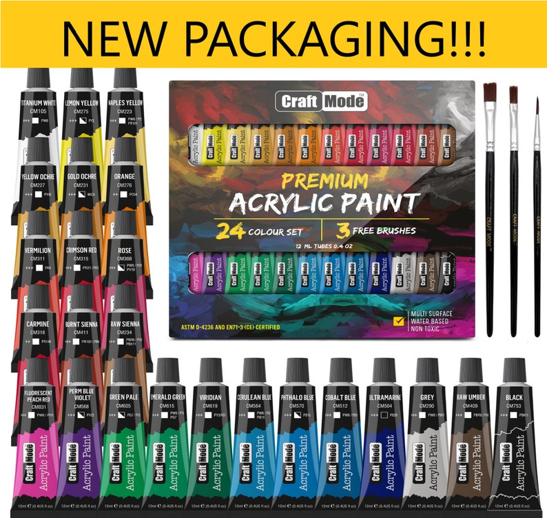 May include: A set of 24 acrylic paints in tubes, with 3 free brushes. The paint colors include titanium white, lemon yellow, Naples yellow, yellow ochre, bold ochre, orange, vermilion, crimson red, rose, carmine, burnt sienna, raw sienna, fluorescent peach red, periwinkle blue violet, green pale, emerald green, viridian, cerulean blue, phthalocyanine blue, cobalt blue, ultramarine, grey, raw umber, and black. The paint tubes are arranged in a rainbow pattern. The set is labeled "Craft Mode Premium Acrylic Paint".