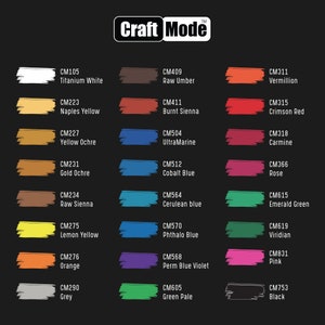 May include: A color chart with 24 paint swatches, each labeled with a color name and a code. The colors include titanium white, Naples yellow, yellow ochre, gold ochre, raw sienna, lemon yellow, orange, grey, raw umber, burnt sienna, ultramarine, cobalt blue, cerulean blue, phthalo blue, perm blue violet, green pale, vermillion, crimson red, carmine, rose, emerald green, viridian, pink, and black.