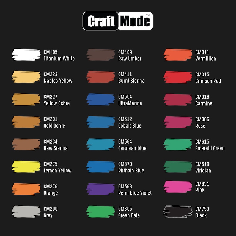 May include: A color chart with 24 paint swatches, each labeled with a color name and a code. The colors include titanium white, Naples yellow, yellow ochre, gold ochre, raw sienna, lemon yellow, orange, grey, raw umber, burnt sienna, ultramarine, cobalt blue, cerulean blue, phthalo blue, perm blue violet, green pale, vermillion, crimson red, carmine, rose, emerald green, viridian, pink, and black.