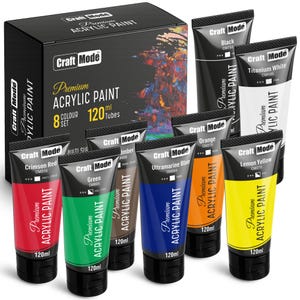 Craft Mode Acrylic paint set 8 120ml Perfect for Canvas, Wood, Ceramic, Rock, Fabric Crafts. Non-Toxic, Quick Dry & Vibrant Colours. Rich