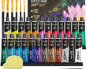 Acrylic paint Set 24 22ml Perfect for Canvas, Wood, Ceramic, Rock, Fabric & Crafts. Non-Toxic, Quick Dry and Vibrant Colours. Rich Pigments.