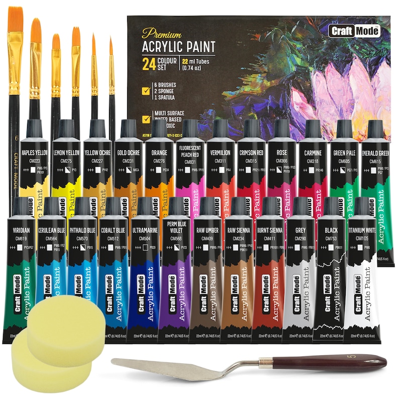 Pu&ograve; includere: Un set di 24 colori acrilici in tubetti, con 6 pennelli, 2 spugne e una spatola. I tubetti di colore sono disposti in file e etichettati con i loro colori e nomi. Il set &egrave; confezionato in una scatola con il logo Craft Mode.