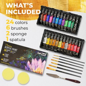 Pu&ograve; includere: Un set di 24 colori acrilici in tubetti, 6 pennelli, 2 spugne e 1 spatola. I tubetti di colore sono disposti in due file da 12, e i pennelli sono disposti in una fila. Il set &egrave; etichettato "Premium Acrylic Paint 24 Colour Set" e "Craft Mode".