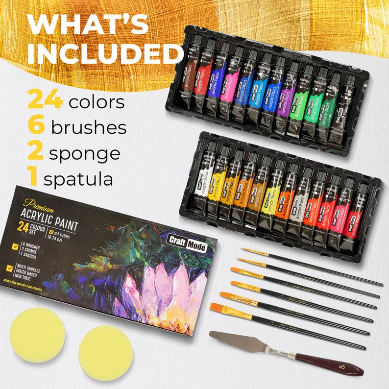 Pu&ograve; includere: Un set di 24 colori acrilici in tubetti, 6 pennelli, 2 spugne e 1 spatola. I tubetti di colore sono disposti in due file da 12, e i pennelli sono disposti in una fila. Il set &egrave; etichettato "Premium Acrylic Paint 24 Colour Set" e "Craft Mode".