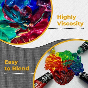 May include: Close-up of a vibrant, multi-colored paint swirl. The paint is thick and has a high viscosity, making it easy to blend. The text "Highly Viscosity" and "Easy to Blend" is visible in the image.