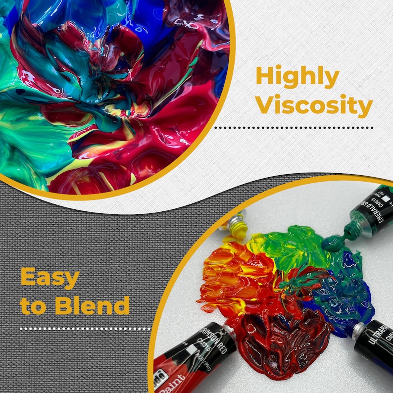 May include: Close-up of a vibrant, multi-colored paint swirl. The paint is thick and has a high viscosity, making it easy to blend. The text "Highly Viscosity" and "Easy to Blend" is visible in the image.