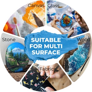 May include: Multi-surface paint shown being used on canvas, glass, stone, wood, and fabric. The paint is suitable for multiple surfaces.