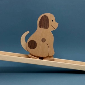 Wooden Dog on Ramp toy, handmade dog and ramp, dog walks down the ramp