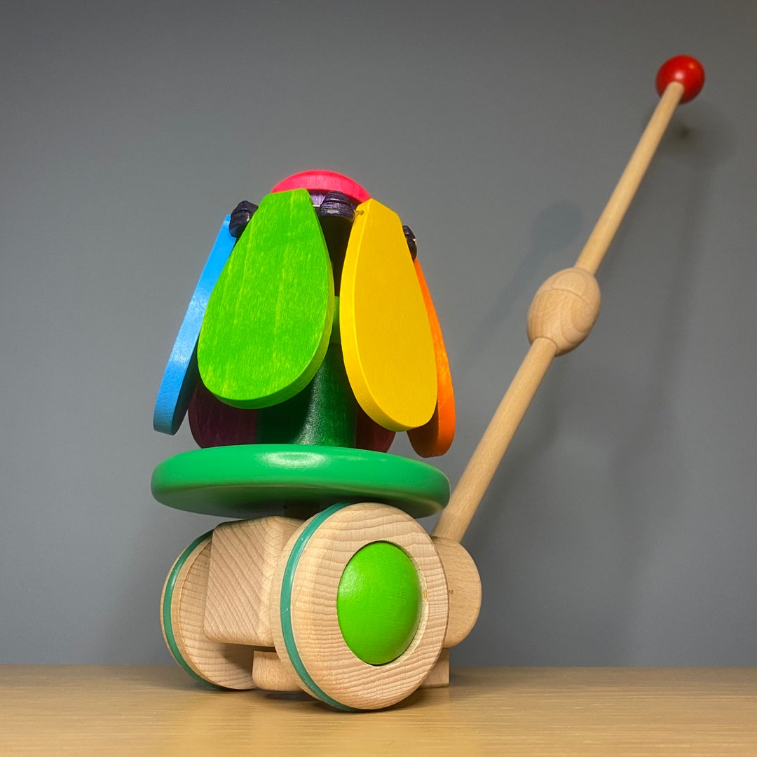 Wooden Push Along Toy, Rainbow Flower, Traditional Toy, Wooden Pull Along Rainbow Flower