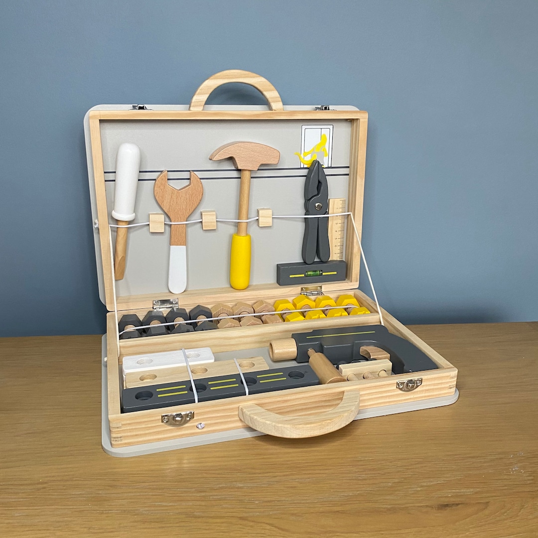 Children's Wooden Toy, Tool Box Set, Including Tools and Screws. Best