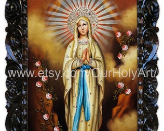 Our Lady of Lourdes - Virgin of Lourdes - Original oil painting - Hand painted - Sacred art - Religious art - Virgin Mary - Holy Art - Icon