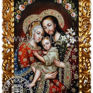 Holy Family, Sacred Family, Original Oil painting, Catholic hand-painted wall art, Holy art, Catholic art, Framed Catholic wall art Floral Gold Frame