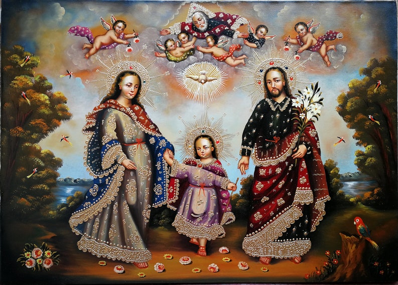 Cusco School Painting Sacred Family Original religious painting oil on canvas Holy Family Colonial Cuzco painting