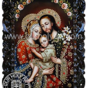 Holy Family, Sacred Family, Original Oil painting, Catholic hand-painted wall art, Holy art, Catholic art, Framed Catholic wall art Floral Dark Frame