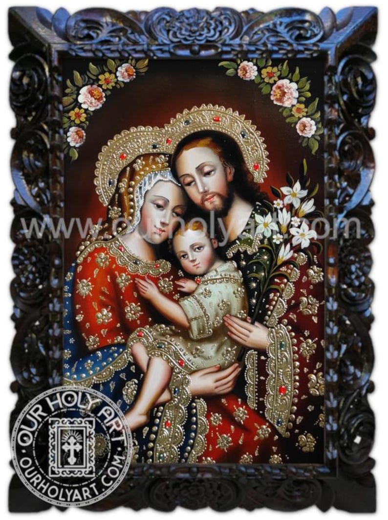 Holy Family, Sacred Family, Original Oil painting, Catholic hand-painted wall art, Holy art, Catholic art, Framed Catholic wall art Floral Dark Frame