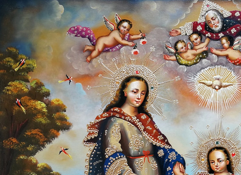 Cusco School Painting Sacred Family Original religious painting oil on canvas Holy Family Colonial Cuzco painting