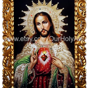 Najświętsze Serce Jezusa, Najświętsze Serce Jezusa, Jezus, Chrystus, oryginalny obraz olejny, ręcznie malowane, sztuka katolicka, sztuka ścienna, ikona Najświętszego Serca, prezent