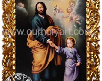 Heiliger Josef mit dem Jesuskind, Gemälde des Heiligen Josef, Original-Ölgemälde, handgemalte katholische Kunst, Jesuskind, katholische Wandmalerei