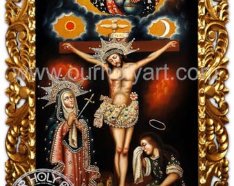 May include: Ornate, gold-framed religious painting depicting the crucifixion of Jesus Christ. The artwork features detailed figures, including Jesus on the cross, and other figures. The painting is set against a dark background with celestial elements.
