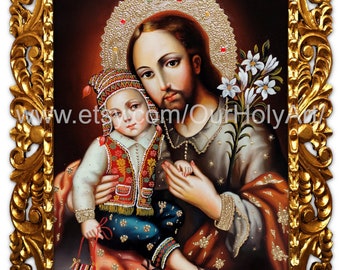Saint Joseph - Saint Joseph with Child - Infant Jesus - Original oil painting - Religious art - Cuzco painting - Sacred art - Cuzco School