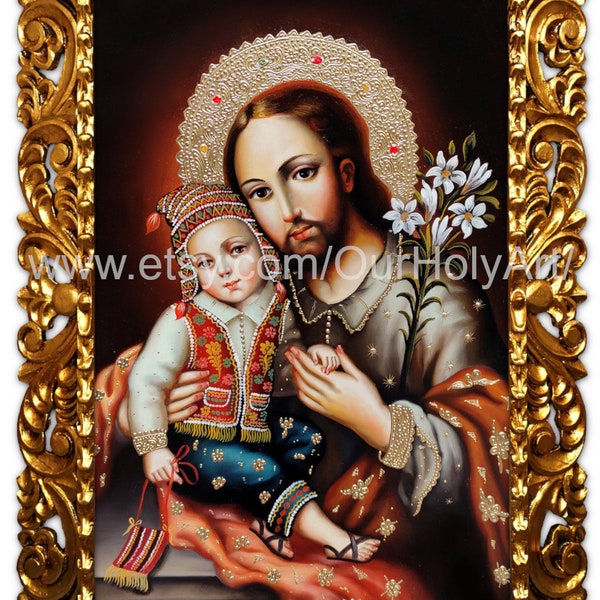 Saint Joseph - Saint Joseph with Child - Infant Jesus - Original oil painting - Religious art - Cuzco painting - Sacred art - Cuzco School