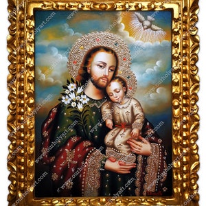 Saint Joseph - Saint Joseph with Child - Infant Jesus - Original oil painting - Religious art - Cuzco painting - Sacred art - Cuzco School