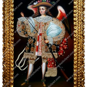 Arcabucero - Arcángel - Escuela cusqueña - Arte colonial Cusco - Ángel - Pintura cuzqueña - Pintura óleo original - Arte barroco - Arte
