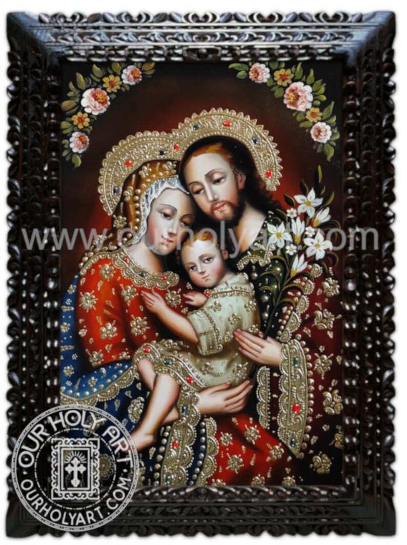 Holy Family, Sacred Family, Original Oil painting, Catholic hand-painted wall art, Holy art, Catholic art, Framed Catholic wall art Flaked Dark Frame