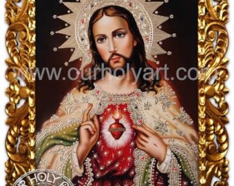 Heiliges Herz Jesu, Jesus Christus, Original-Ölgemälde, handgemalt, katholische Kunst, Wandbild, gerahmtes Kunstwerk mit Motiv des Heiligen Herzens