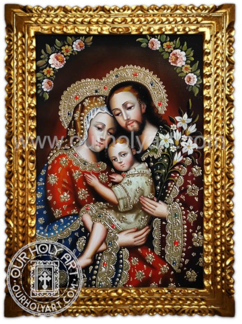 Holy Family, Sacred Family, Original Oil painting, Catholic hand-painted wall art, Holy art, Catholic art, Framed Catholic wall art Flaked Gold Frame