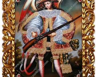 Arquebusier - Archangel - Cuzco school - Colonial art Cuzco - Angel - Cuzco painting - Original oil painting - Baroque art - Sacred art