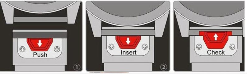 Op de afbeelding: Een drietrapsgids over het inbrengen van een horlogeband in een horlogekast. De eerste stap toont een rode knop met een pijl naar beneden met het label "Push". De tweede stap toont een rode knop met een pijl naar beneden met het label "Insert". De derde stap toont een rode knop met een pijl naar boven met het label "Check".