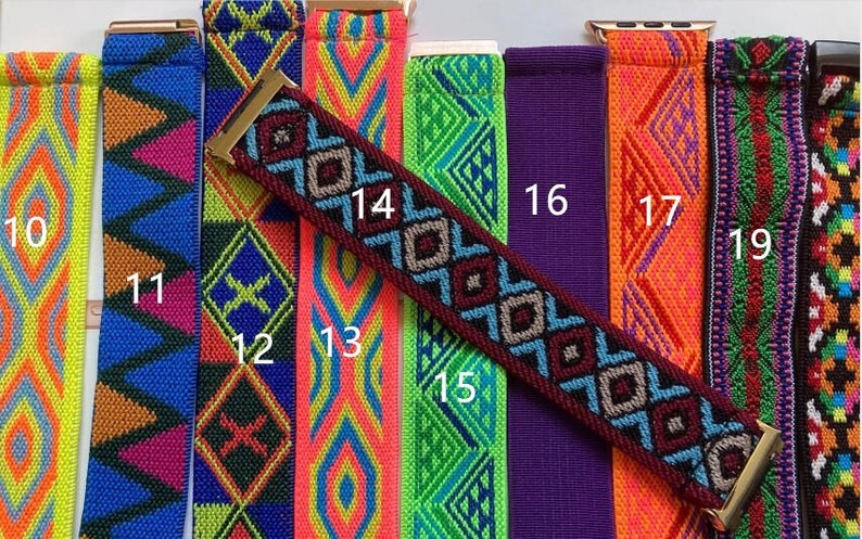 May include: A set of 10 colorful patterned watch bands with gold clasps. The bands are numbered 10 through 19.
