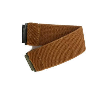 May include: A brown elastic belt with a black buckle and a green metal tip.
