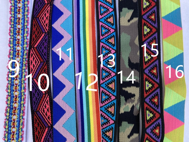 May include: A close-up of 10 different colorful elastic bands with geometric patterns. The bands are numbered 9 through 16.