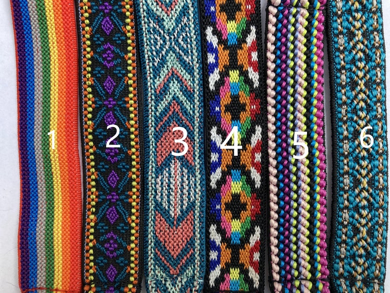 May include: Six different colorful woven trims with various patterns. The trims are numbered 1 through 6.