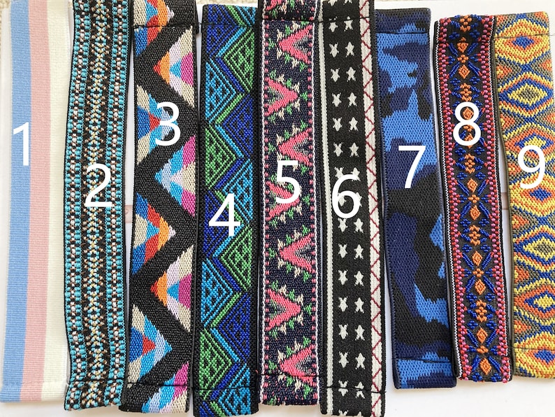 May include: Nine different patterned fabric trims, each with a unique design. The trims are numbered 1 through 9. The trims are all black, white, blue, red, and yellow.