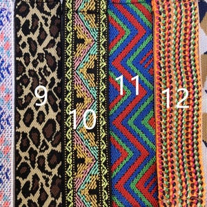 May include: A collection of colorful woven straps with various patterns. Designs include geometric shapes, animal print, and zigzags. The straps are in shades of blue, pink, green, orange, and brown.